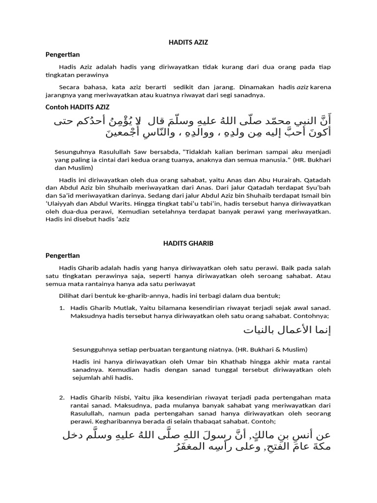 Pengertian dan Contoh Hadis Aziz dan Gharib | PDF