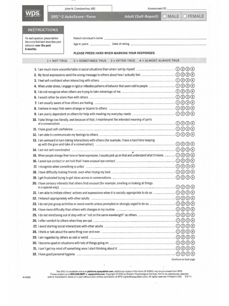 SRS-2 Self Adult Form 19+ | PDF
