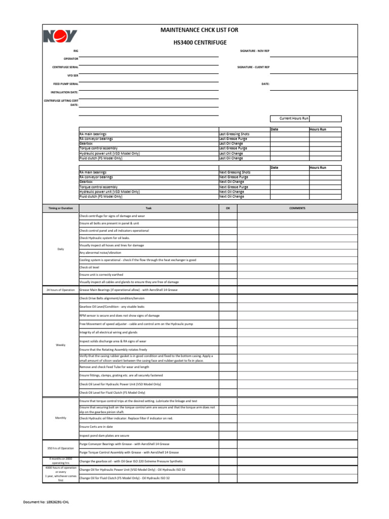 HS 3400 Maintenance Check List | PDF | Bearing (Mechanical) | Clutch