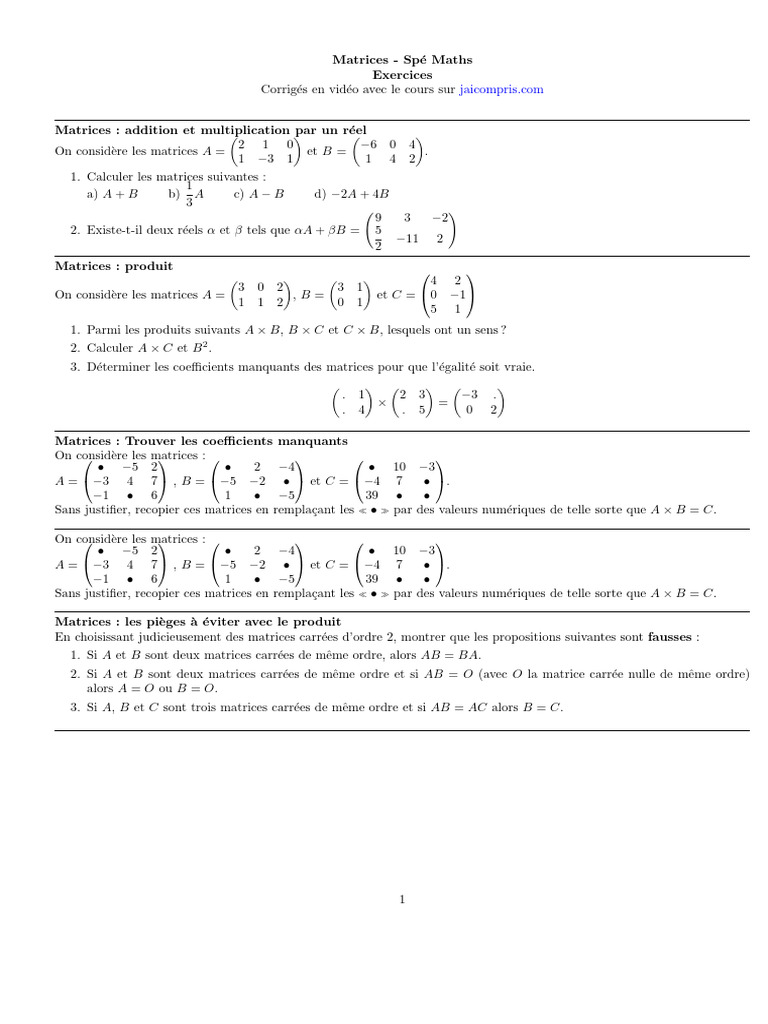 Exercices sur les Matrices en Maths | PDF | Matrice (Mathématiques ...