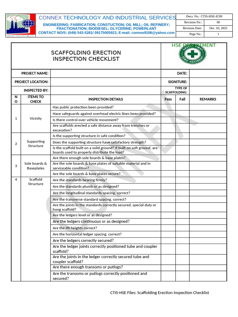 Scaffolding Erection Inspection Checklist | PDF | Scaffolding ...