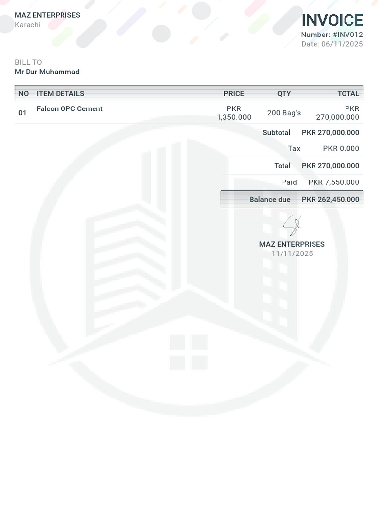 MAZ Enterprises Invoice #INV012 | PDF