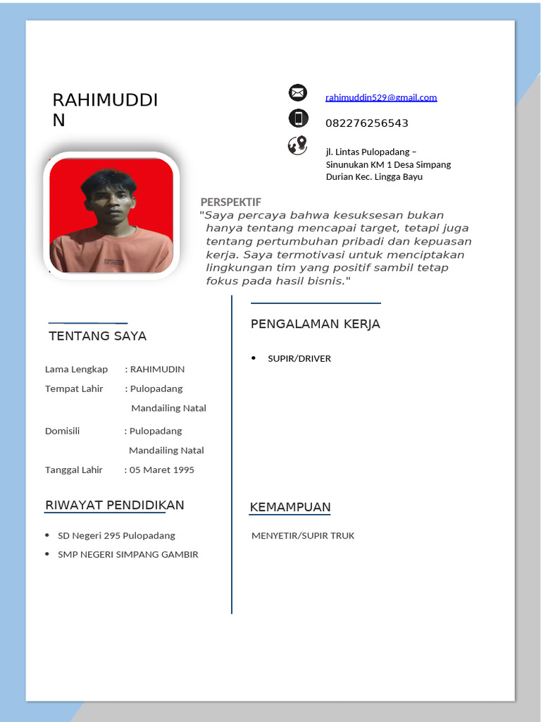 Profil Rahimuddin: Supir Berpengalaman | PDF