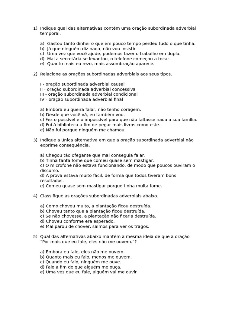 Oração Subordinada Adverbial: Questões e Respostas | PDF | Sintaxe