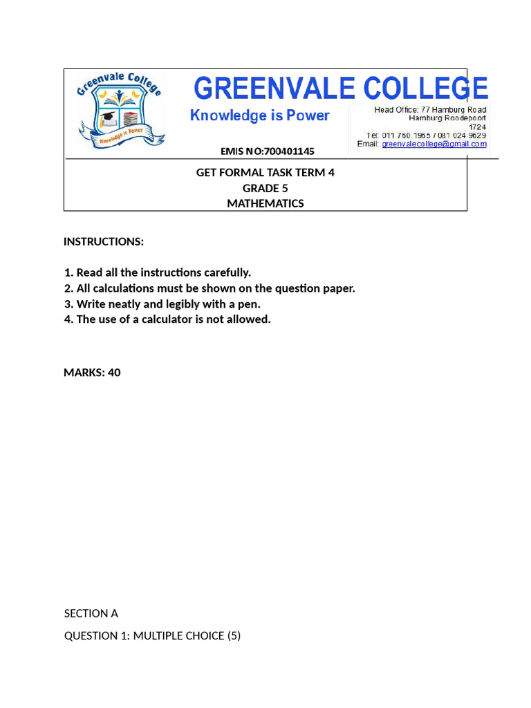 2024 Maths Grade 5 Term 4 Test | PDF | Area | Length