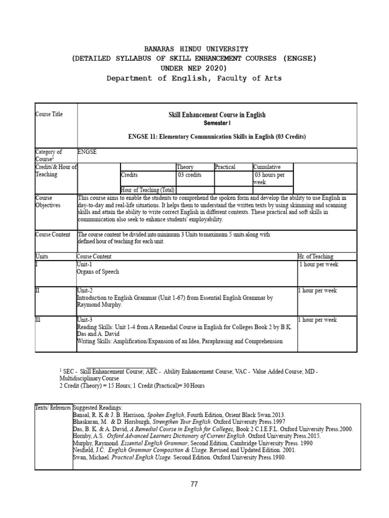 SEC Syllabus Sem 1 | PDF | Communication | Applied Linguistics