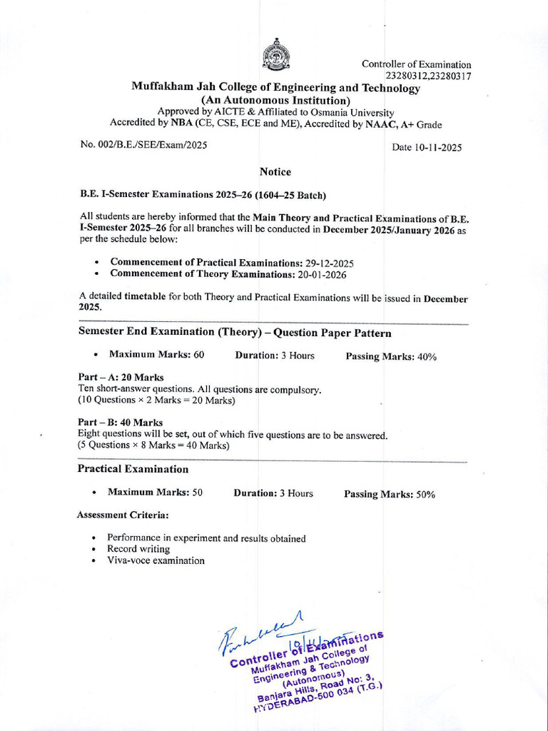 Notice First Sem 2025-26 SEE Examination Pattern and Instructions | PDF