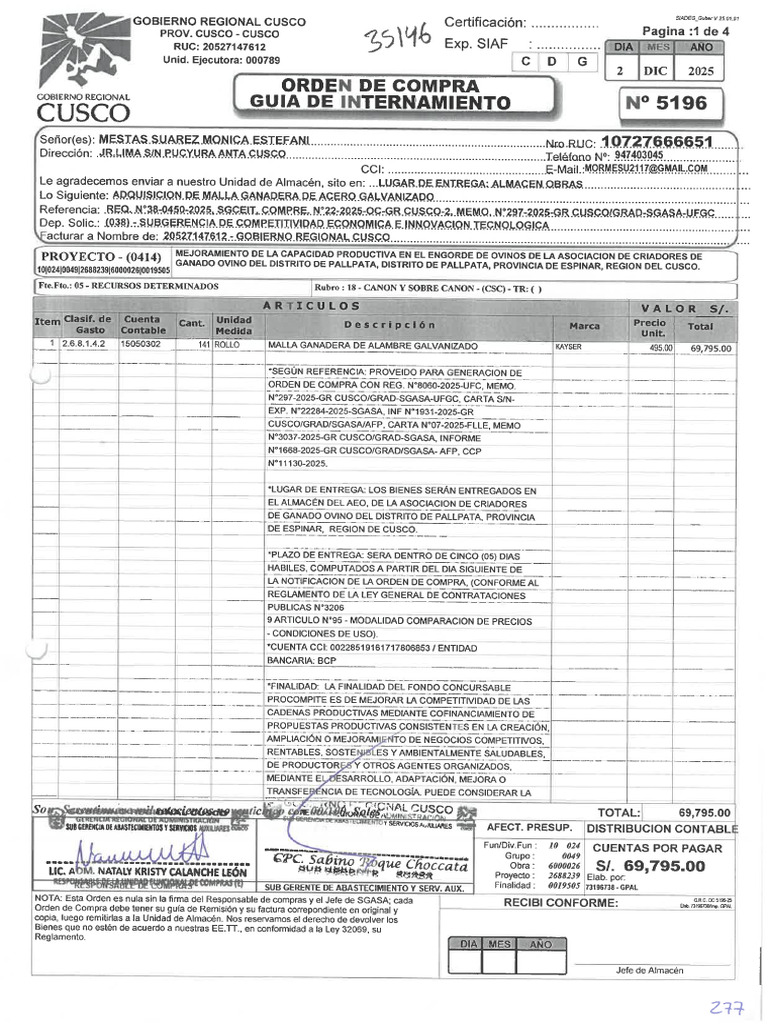 ORDEN DE COMPRA N°5196-2025 COMPRE N°22-2025 | PDF