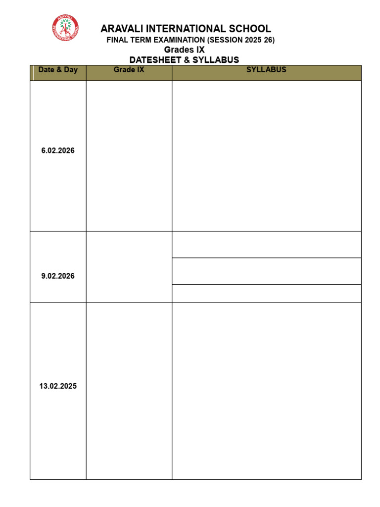 Grade IX Final Exam Datesheet & Syllabus | PDF