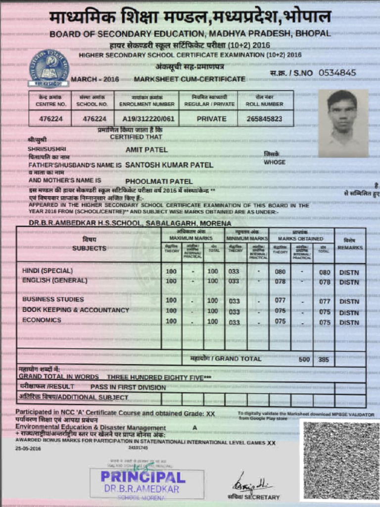 Amit kumar patel 12th 2016 | PDF | Schools | Secondary Education