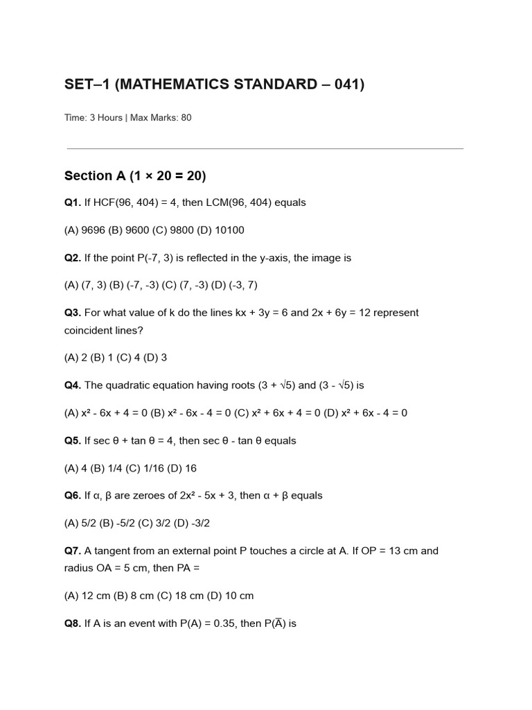 Mathematics Standard Exam Set 1 & 2 | PDF | Area | Geometry