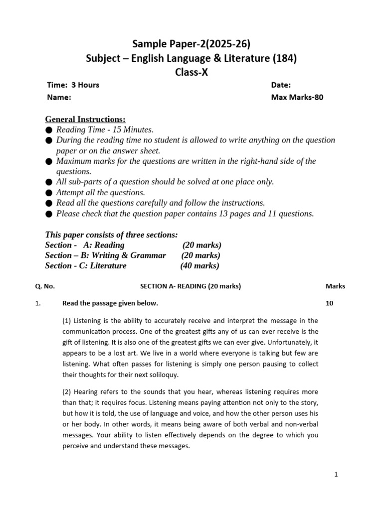 English Class X SampleQP 2 | PDF | Nonverbal Communication | Conversation