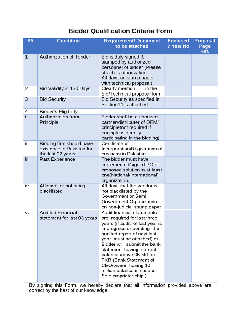 Bidder Qualification Criteria Form | PDF