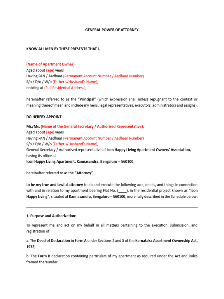General Power of Attorney for Apartment | PDF | Power Of Attorney ...