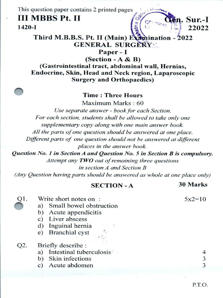IIIrd MBBS Part II Main 2022 General Surgery | PDF