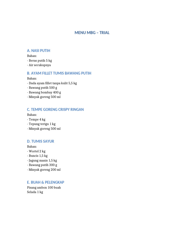 Menu MBG Trial 1 | PDF