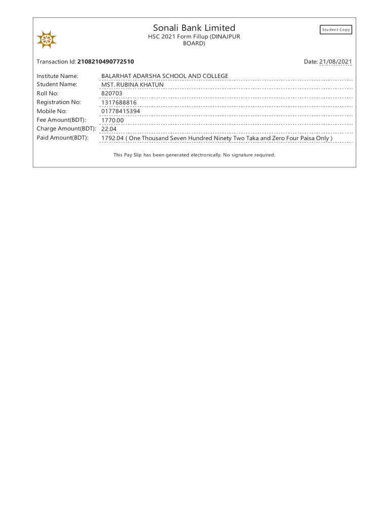 HSC 2021 Form Fillup Receipt - Dinajpur | PDF