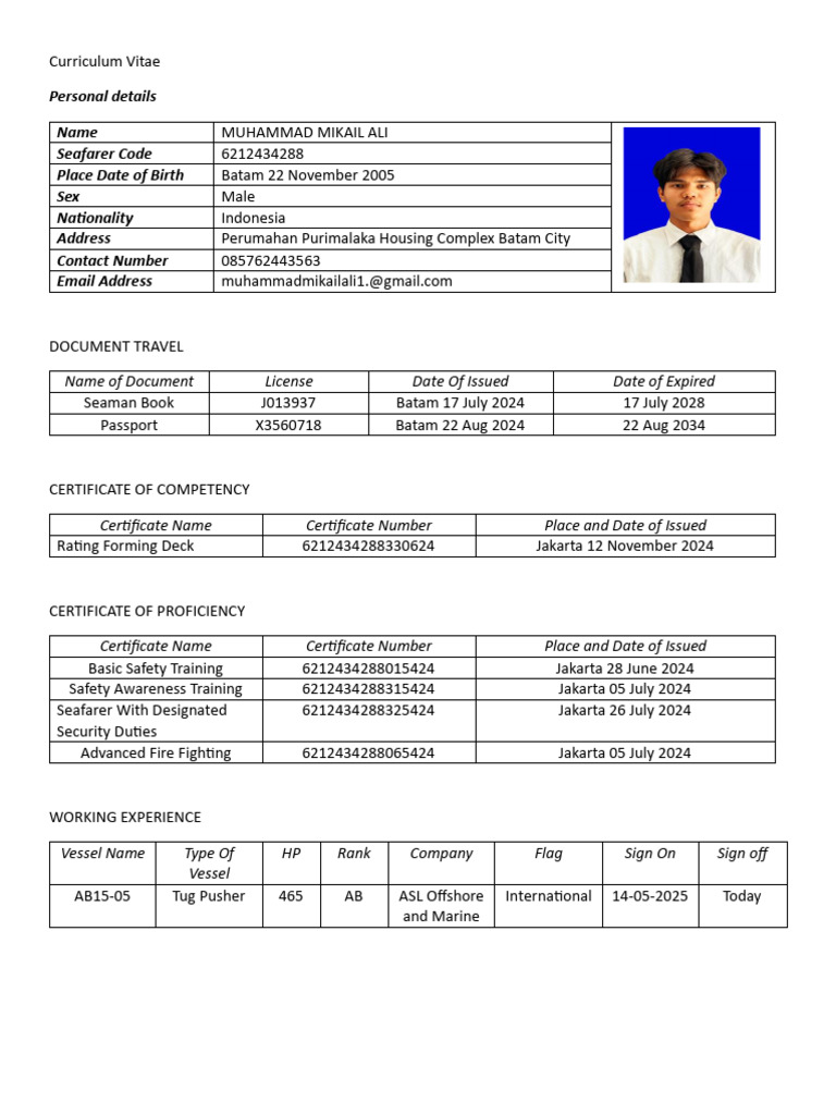 Seafarer CV of Muhammad Mikail Ali | PDF