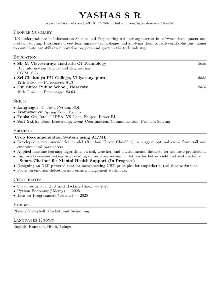 Yashas S R: Software Developer Profile | PDF