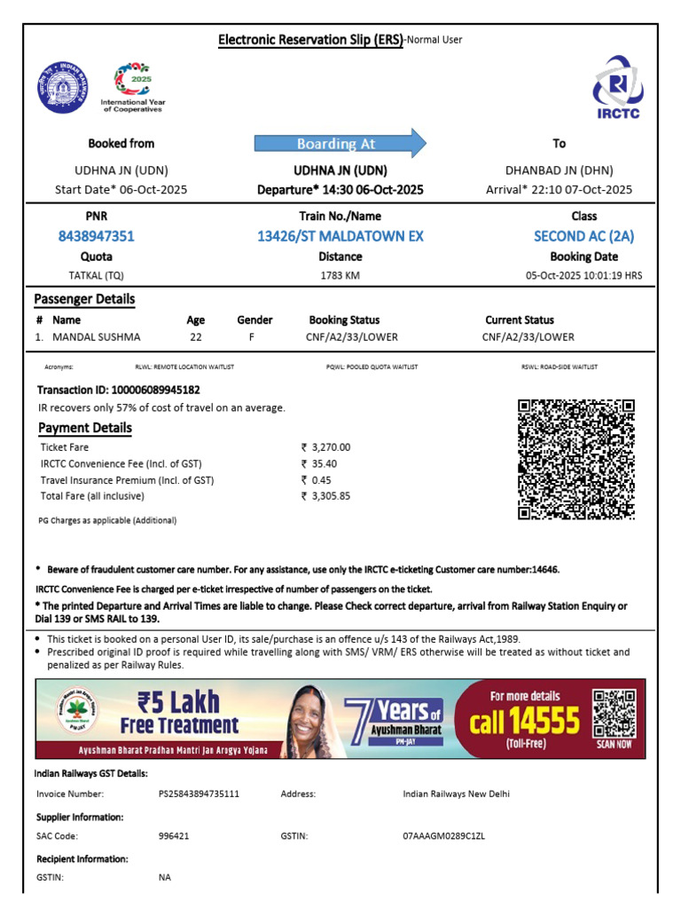 Electronic Reservation Slip for Train Travel | PDF | Identity Document ...