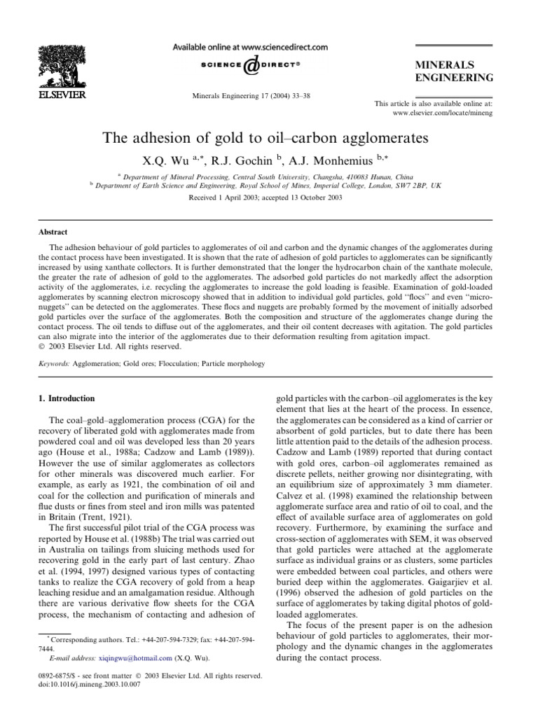Gold Adhesion to Oil-Carbon Agglomerates | PDF | Adsorption | Gold