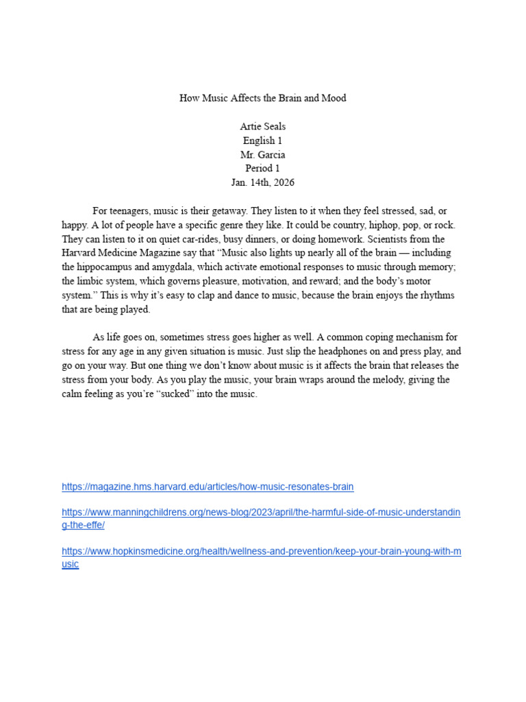 Artie S - How Music Affects the Brain and Mood | PDF
