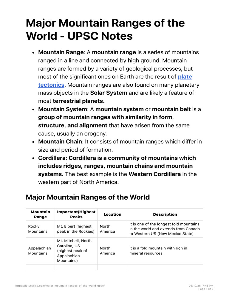 Major World Mountain Ranges Overview | PDF | Himalayas | Andes