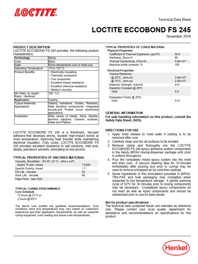 Loctite Eccobond Fs 245 Technical Data Sheet Pdf Epoxy Materials 