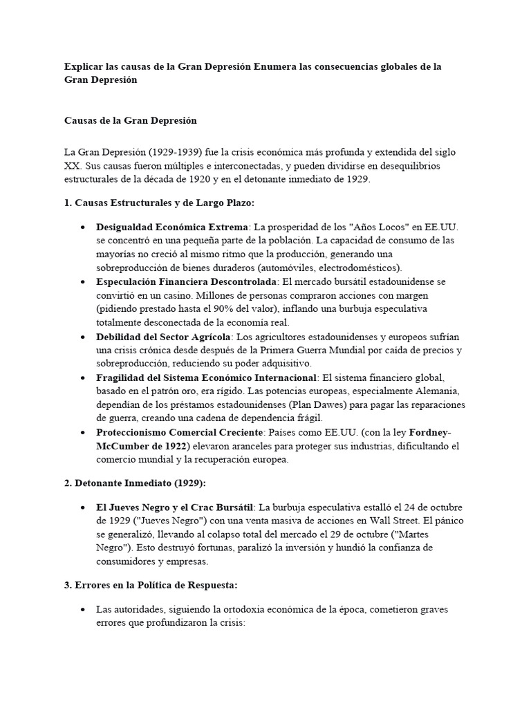 Causas y Consecuencias de la Gran Depresión | PDF | Gran depresion ...