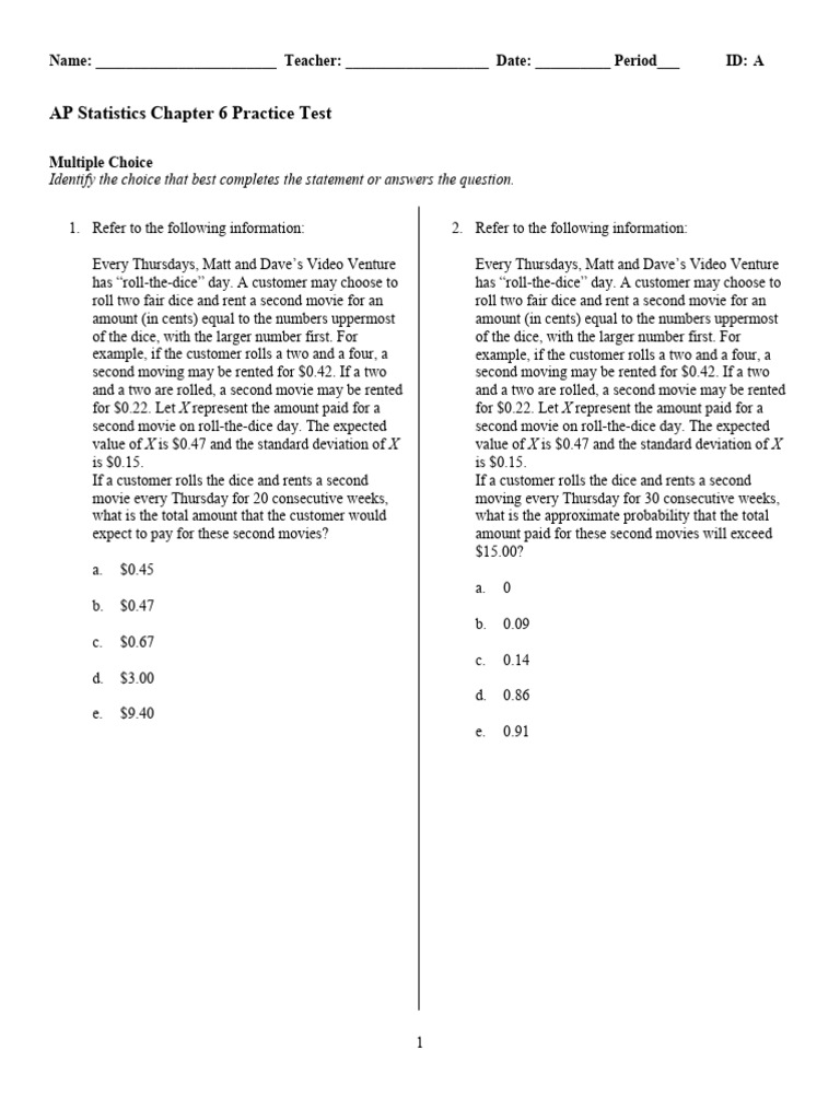 AP Statistics Chapter 6 Practice Test | PDF | Standard Deviation | Mean