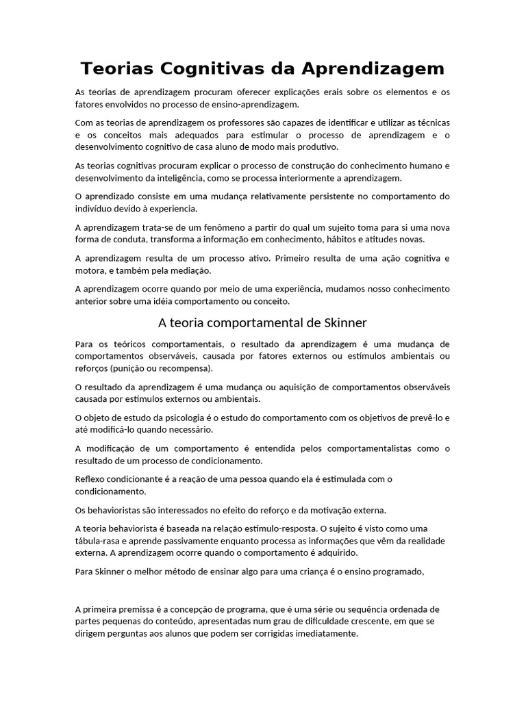Teorias Cognitivas da Aprendizagem | PDF | Aprendizado | Comportamento