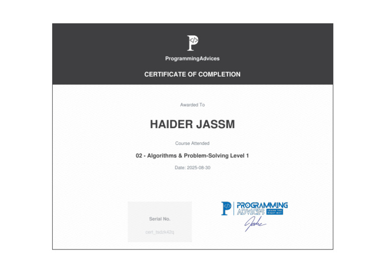 Certificate of Completion for Algorithms Problem Solving Level 1 | PDF