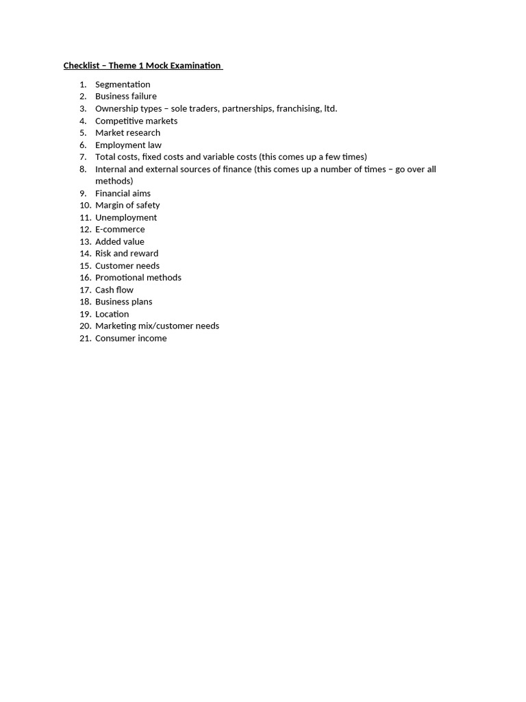 Business Exam Checklist: Key Topics | PDF
