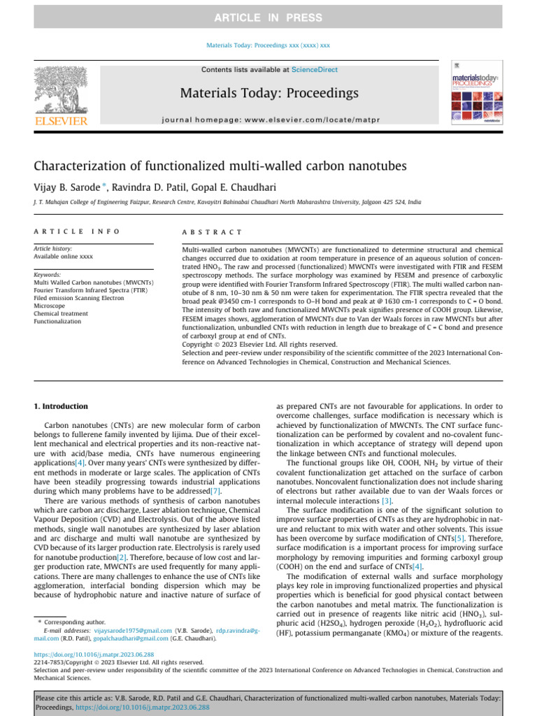 Characterization of functionalized multi-walled carbon nanotubes 1 ...