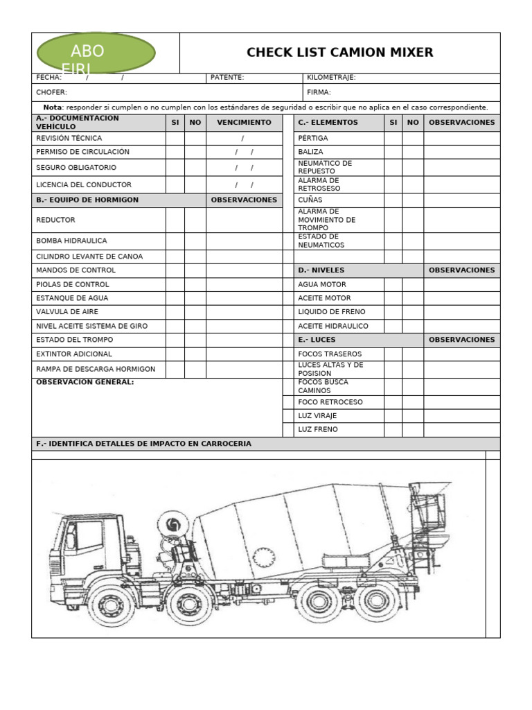 Checklist de Seguridad para Camión Mixer | PDF | Tecnologías ...