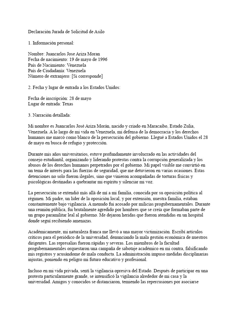 Solicitud de Asilo de Juancarlos Ariza | PDF | Venezuela | Gobierno