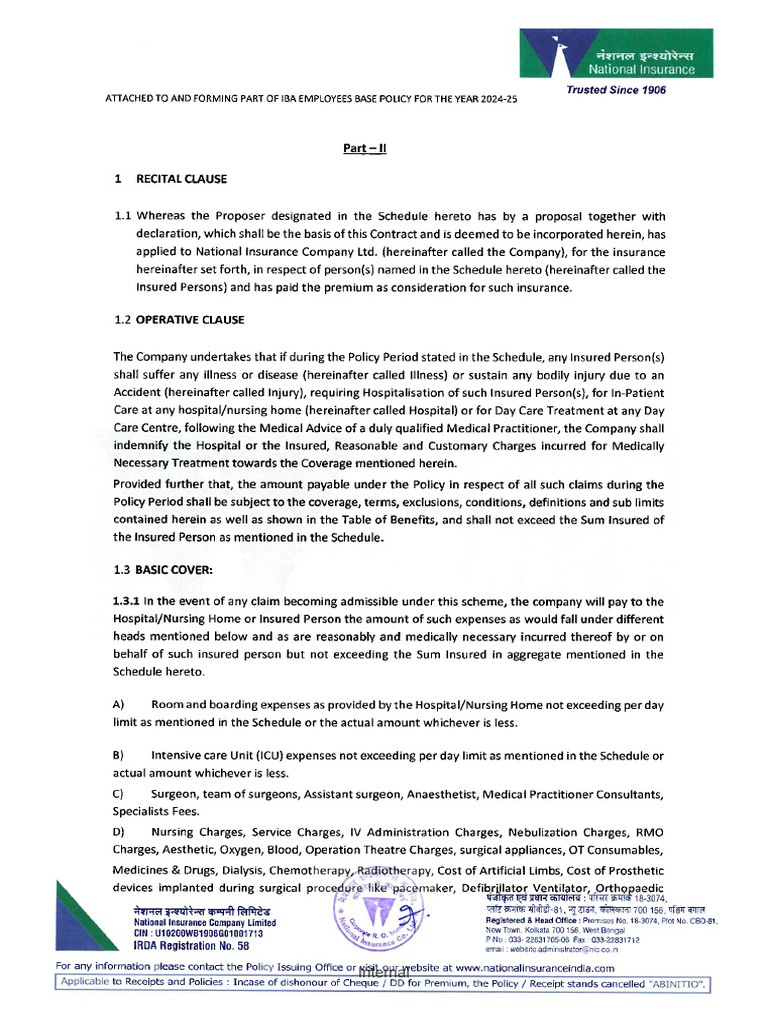 IBA Employees Base Policy wording 2024-25 | PDF