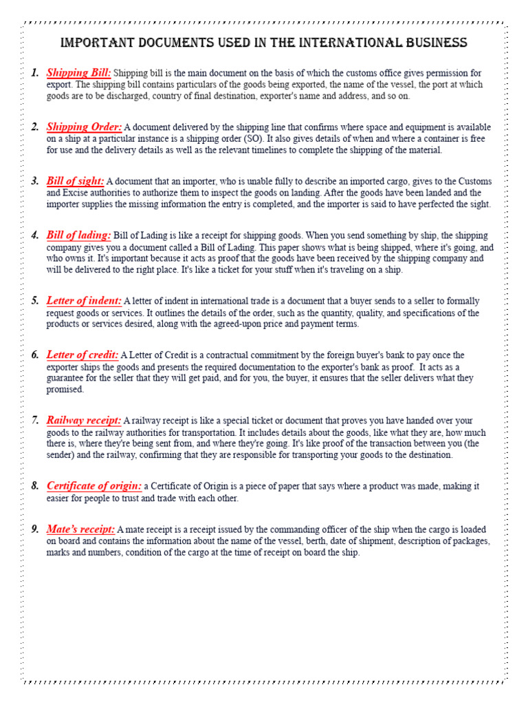 Key Documents in International Business | PDF | Letter Of Credit | Receipt
