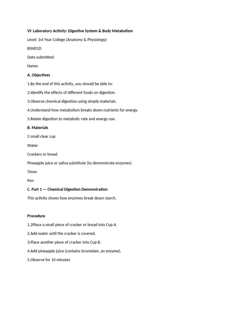 6lab Digestive System and Body Meabolism | PDF