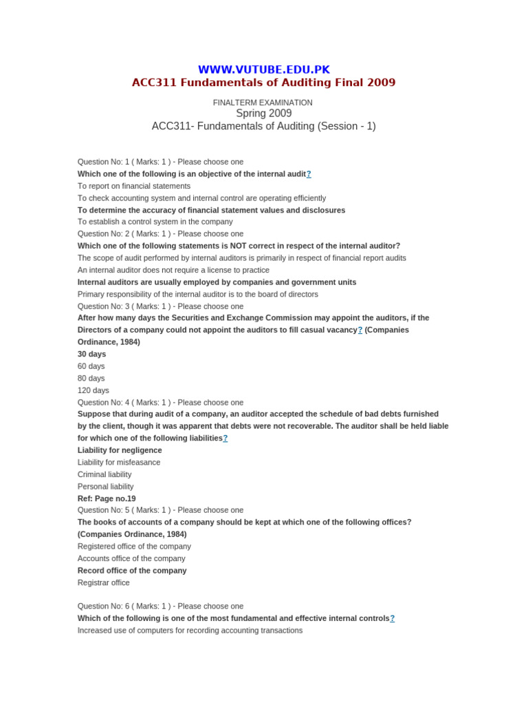 ACC311 Auditing Final Exam 2009 Questions | PDF | Audit | Internal Control