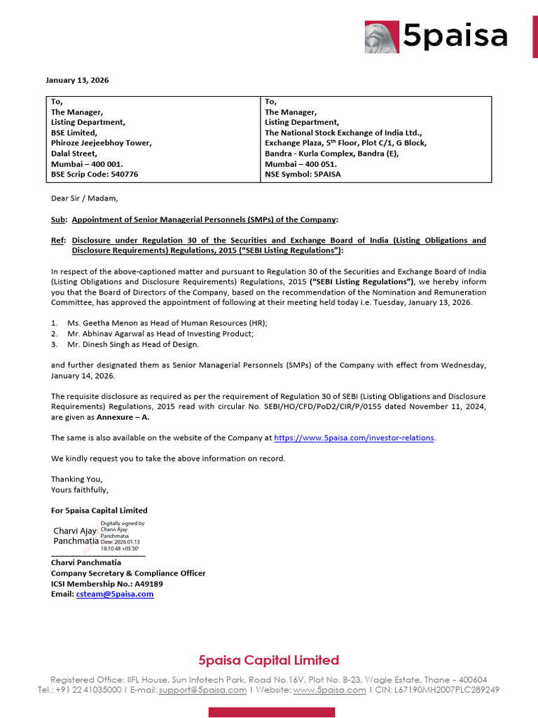 5paisa 13012026185325 Exintimation | PDF | Economies | Private Sector