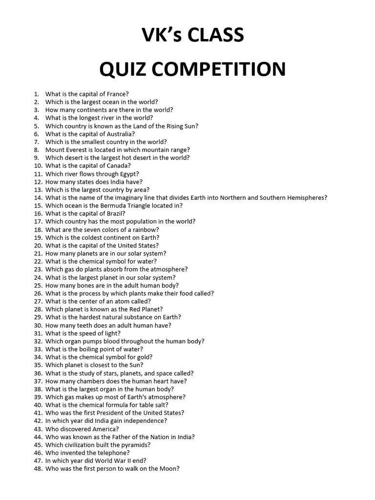 VK Quiz Competition Questions List | PDF | Earth | Planets