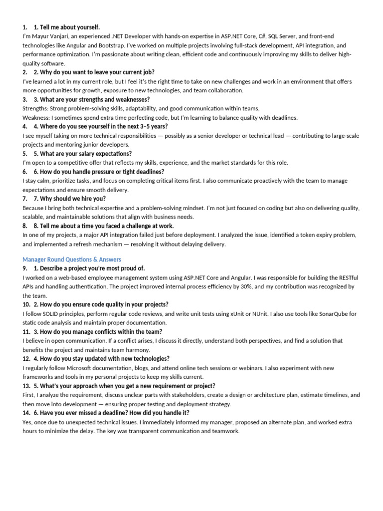 .NET Developer Interview Insights | PDF | Unit Testing | Computing
