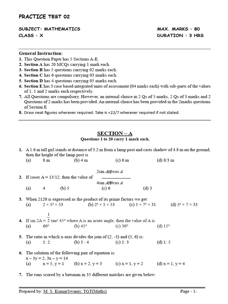 Class X Mathematics Practice Test 02 | PDF | Circle | Area