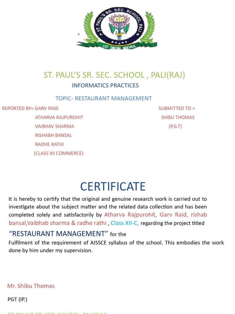 Restaurant Management Project Report | PDF | Databases | Data Management
