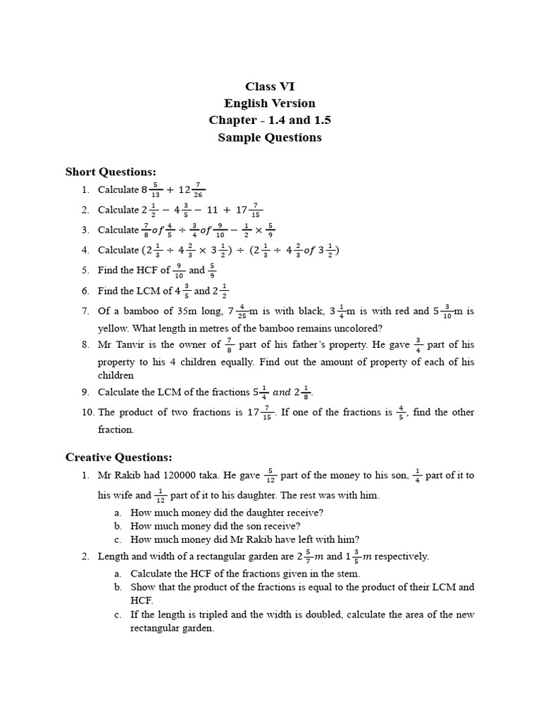 Class VI Math Sample Questions | PDF | Chess | Chess Theory