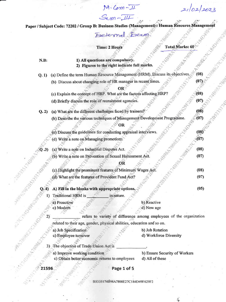 MCOM SEM 3 Human Resource Management Question Paper - Feb 2023 | PDF ...