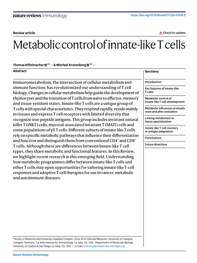 Metabolic Control of Innate-like T Cells | PDF | T Cell | Cytotoxic T Cell