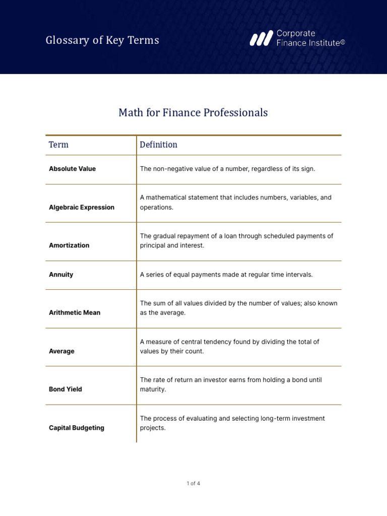 Finance Key Terms Glossary | PDF | Present Value | Mean