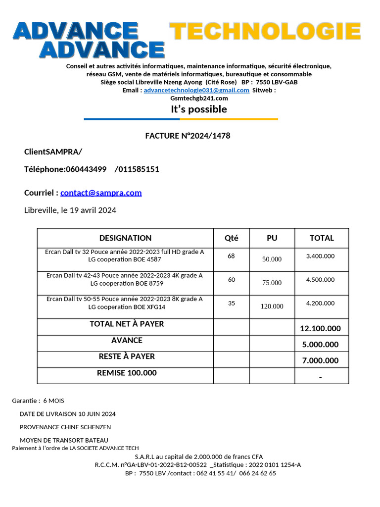 Facture d'achat de téléviseurs 2024 | PDF | Informatique | Technologies ...